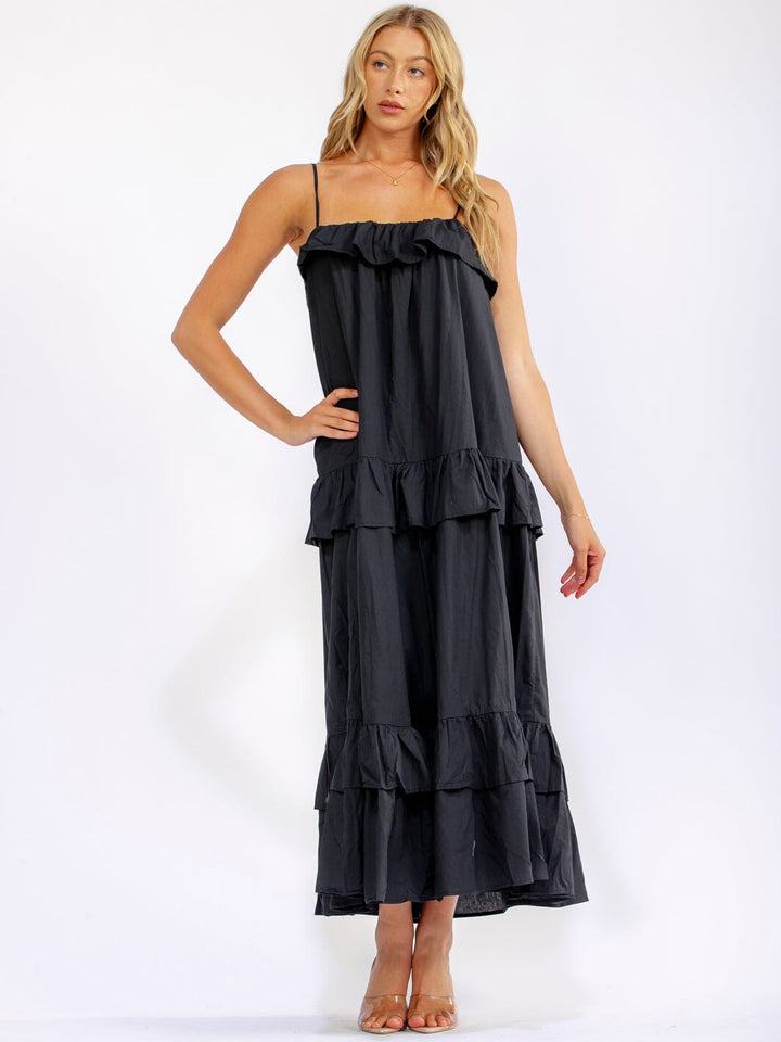 WOMEN'S SLEEVELESS OPEN BACK RUFFLE TIERED LOOSE FIT MAXI DRESS