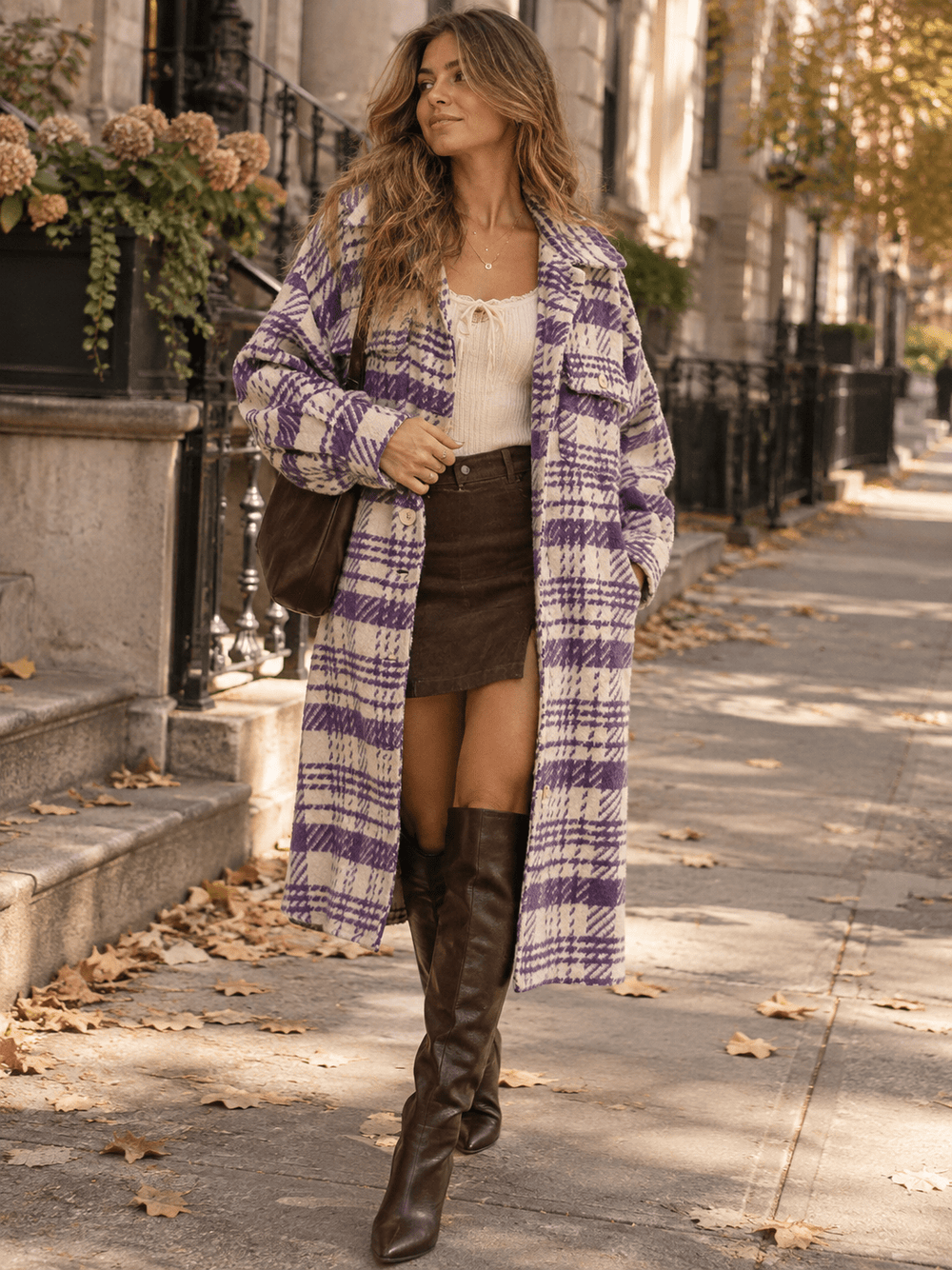 WOMEN'S LONG SLEEVE FRONT POCKETS BUTTON UP PLAID COAT