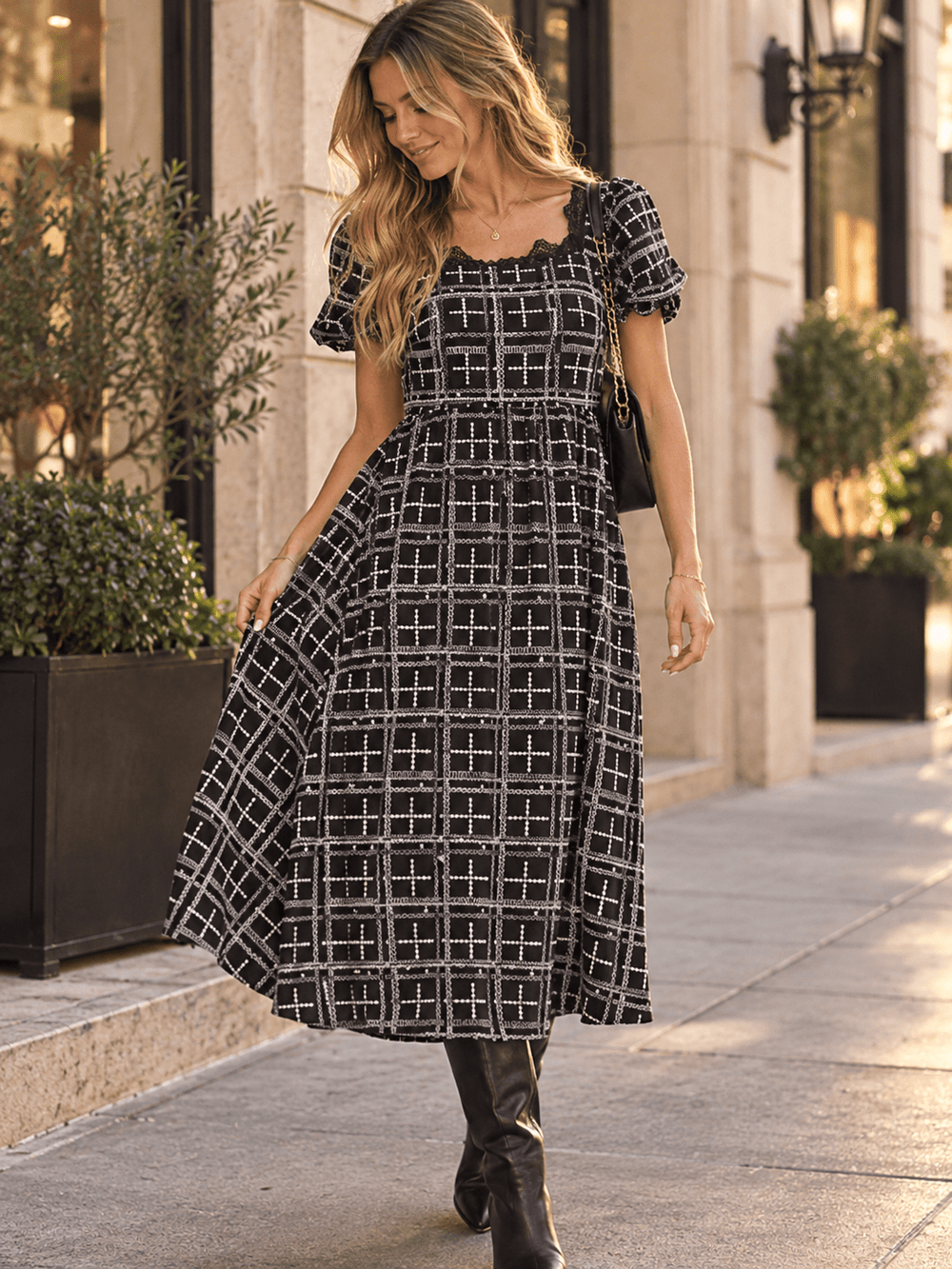 WOMEN'S SHORT PUFF SLEEVE SQUARE NECK FRONT POCKETS ELASTIC WAIST FLORAL STITCHED MIDI DRESS
