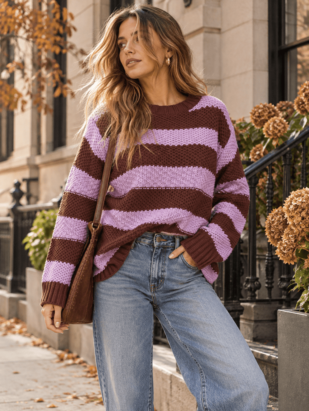 WOMEN'S LONG SLEEVE COLORBLOCK STRIPES KNIT PULLOVER SWEATER