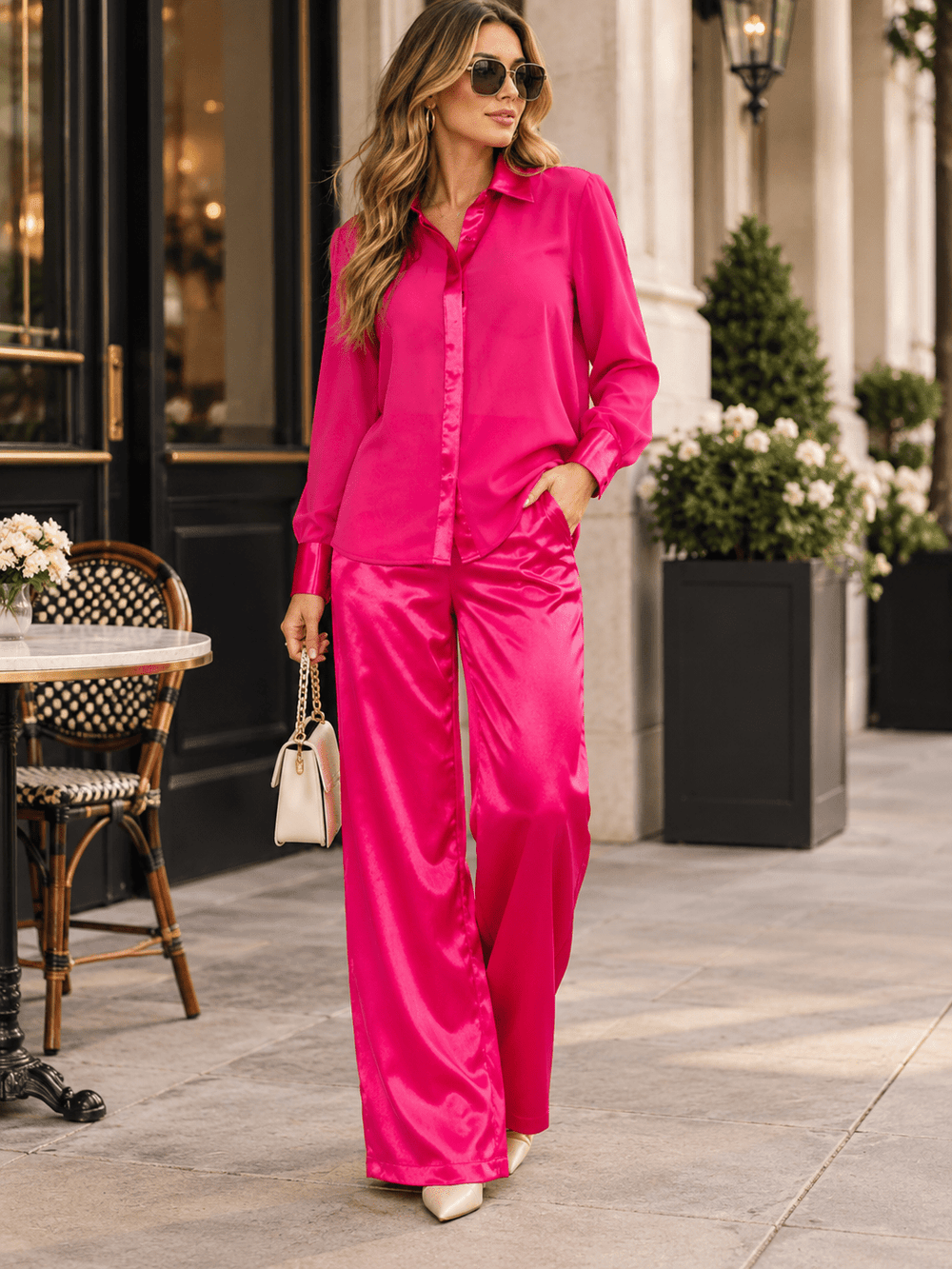 WOMEN'S LONG SLEEVE BLOUSE & ELASTIC WAIST PANTS SATIN 2PC. SET