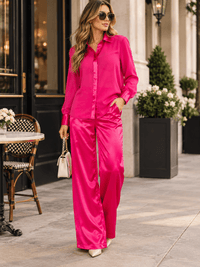 WOMEN'S LONG SLEEVE BLOUSE & ELASTIC WAIST PANTS SATIN 2PC. SET