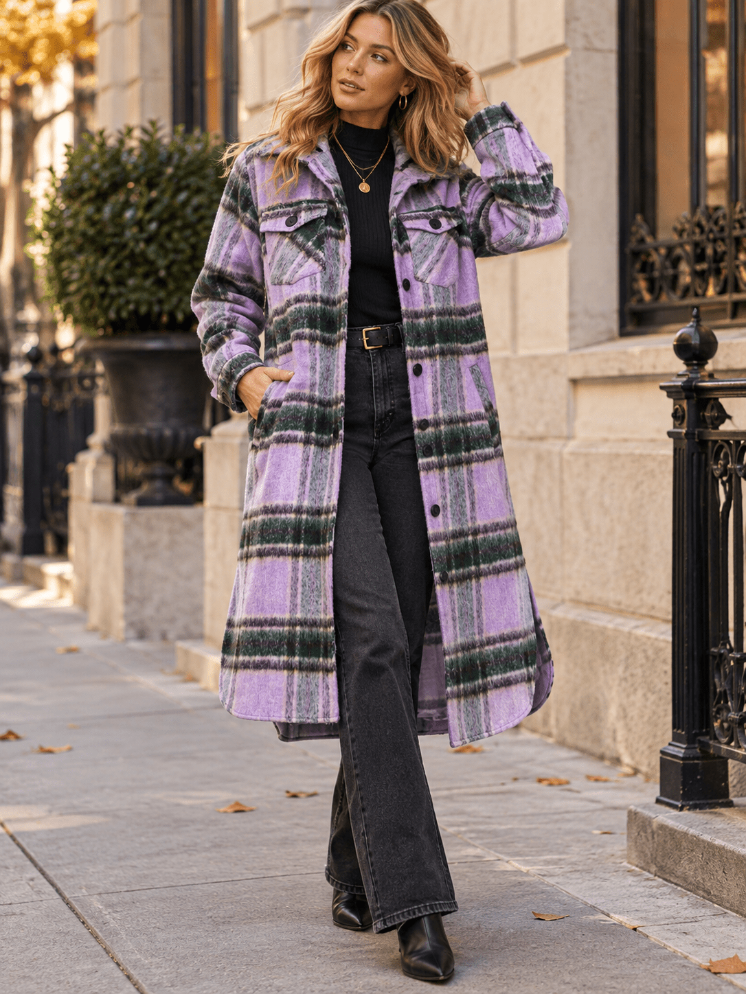 WOMEN'S LONG SLEEVE BUTTON CLOSURE FRONT POCKETS REMOVABLE HOODIE PLAID COAT