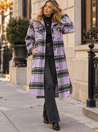 WOMEN'S LONG SLEEVE BUTTON CLOSURE FRONT POCKETS REMOVABLE HOODIE PLAID COAT