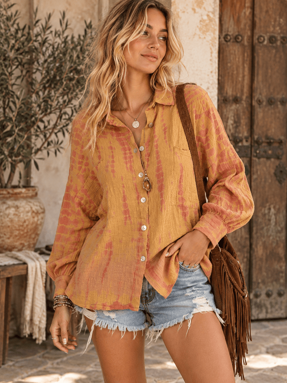 WOMEN'S LONG SLEEVE BUTTON UP TIE DYE BLOUSE