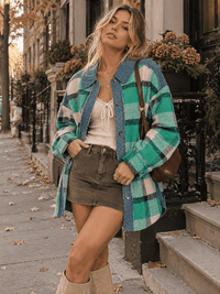WOMEN'S LONG SLEEVE BUTTON CLOSURE PLAID DENIM CONTRAST JACKET