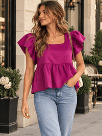 WOMEN'S SHORT SLEEVES SQUARE NECK PEPLUM BLOUSE