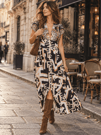 HALFHEART WOMEN'S SHORT SLEEVE BUTTON UP V-NECK SMOCK WAIST MULTI PRINT MAXI DRESS