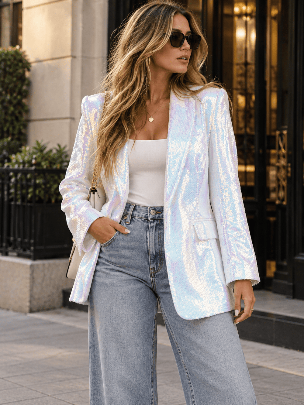 WOMEN'S LONG SLEEVE BUTTON CLOSURE FRONT POCKETS SEQUINS JACKET