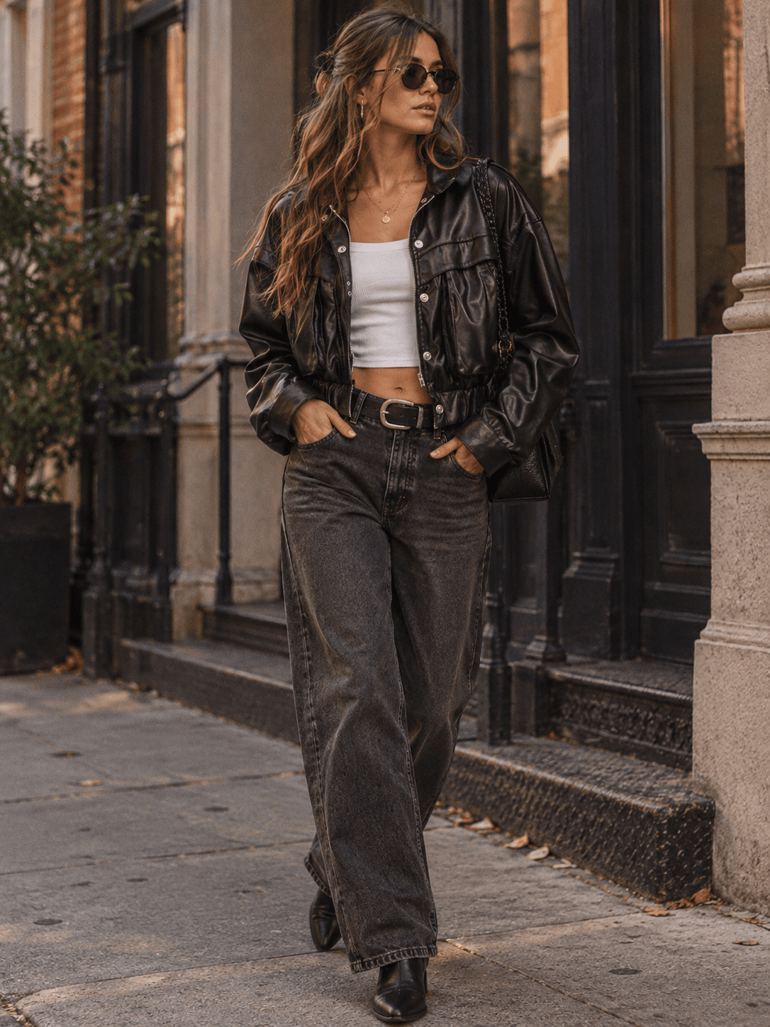 WOMEN'S LONG SLEEVE BUTTON UP FRONT POCKETS ELASTIC WAIST PU LEATHER JACKET