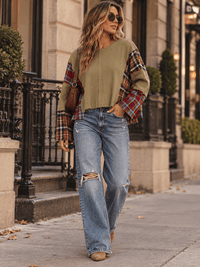 WOMEN'S LONG SLEEVE PLAID CONTRAST TOP
