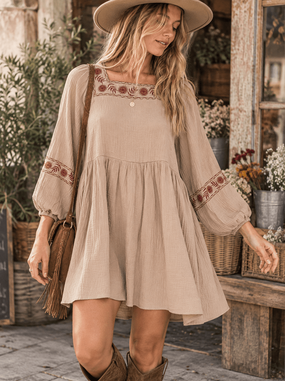 WOMEN'S LONG SLEEVE TUNIC FLORAL EMBROIDERY MINI DRESS