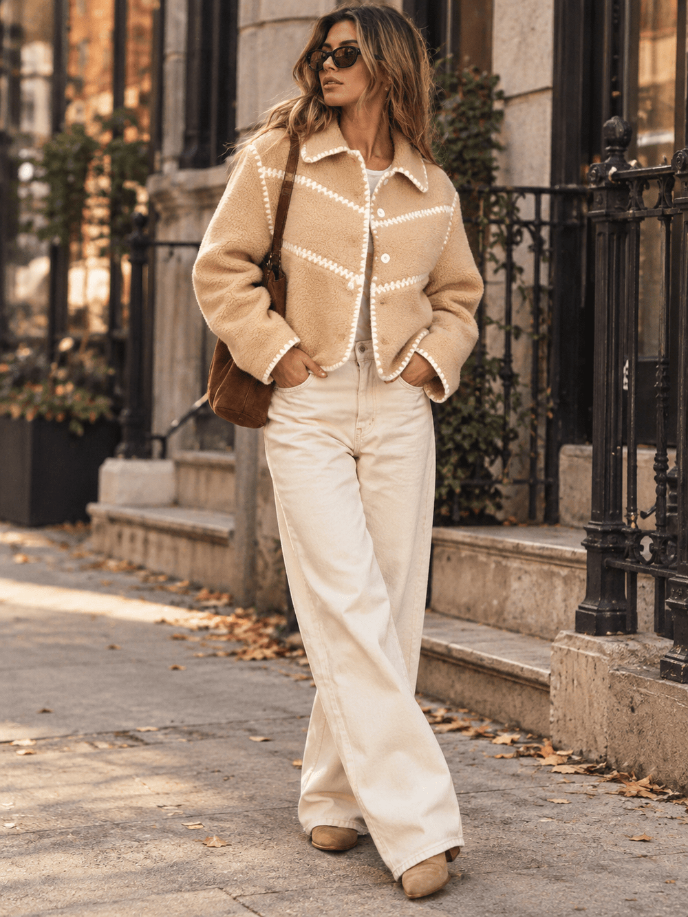 WOMEN'S LONG SLEEVE BUTTON UP TRIM DETAILED SHERPA JACKET