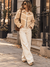 WOMEN'S LONG SLEEVE BUTTON UP TRIM DETAILED SHERPA JACKET