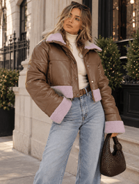 WOMEN'S LONG SLEEVE BUTTON CLOSURE FRONT POCKETS SHERPA PU PLEATHER JACKET