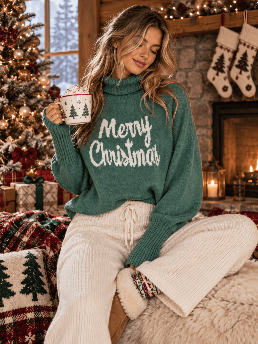 WOMEN'S LONG SLEEVE TURTLE NECK MERRY CHRISTMAS PULLOVER SWEATER