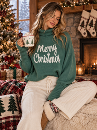 WOMEN'S LONG SLEEVE TURTLE NECK MERRY CHRISTMAS PULLOVER SWEATER