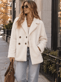 WOMEN'S LONG SLEEVE BUTTON CLOSURE FRONT POCKETS SHERPA JACKET