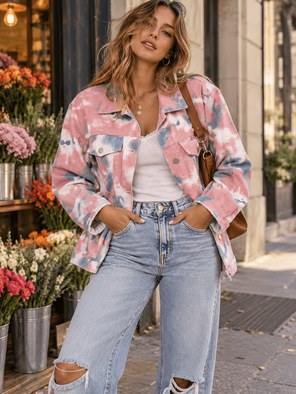 WOMEN'S LONG SLEEVE BUTTON UP FRONT POCKETS TIE DYE DENIM JACKET