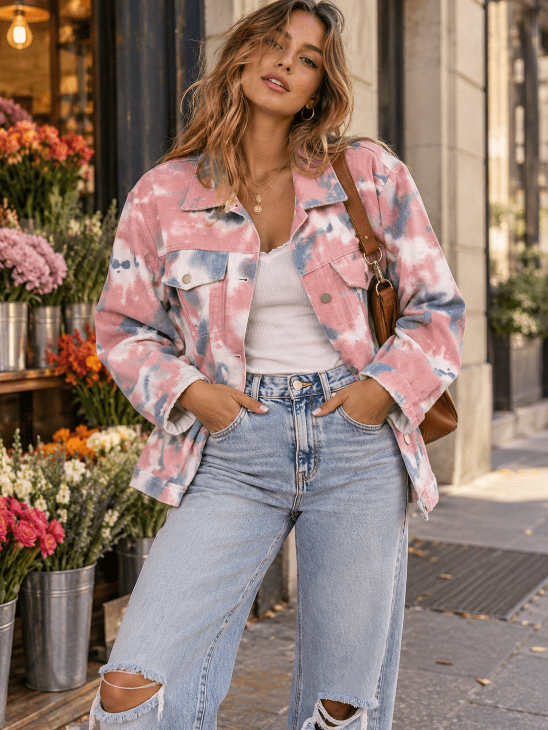 WOMEN'S LONG SLEEVE BUTTON UP FRONT POCKETS TIE DYE DENIM JACKET