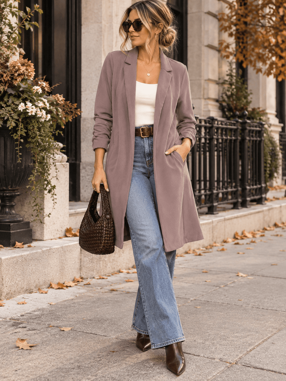 WOMEN'S 3/4 SLEEVE OPEN FRONT POCKETS CARDIGAN