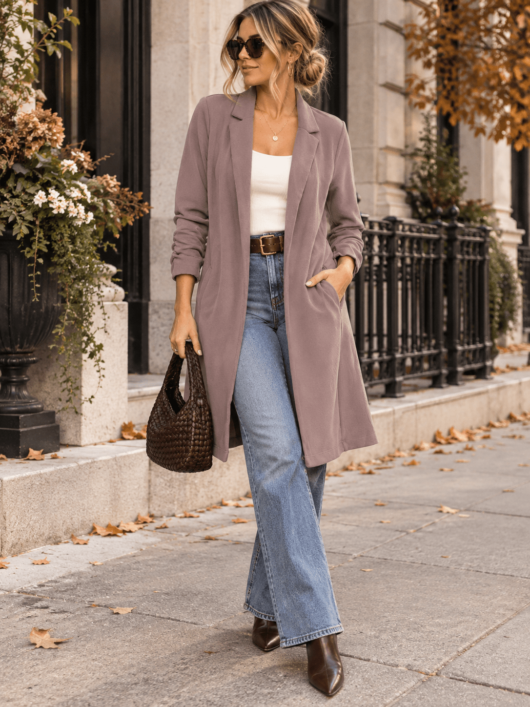 WOMEN'S 3/4 SLEEVE OPEN FRONT POCKETS CARDIGAN