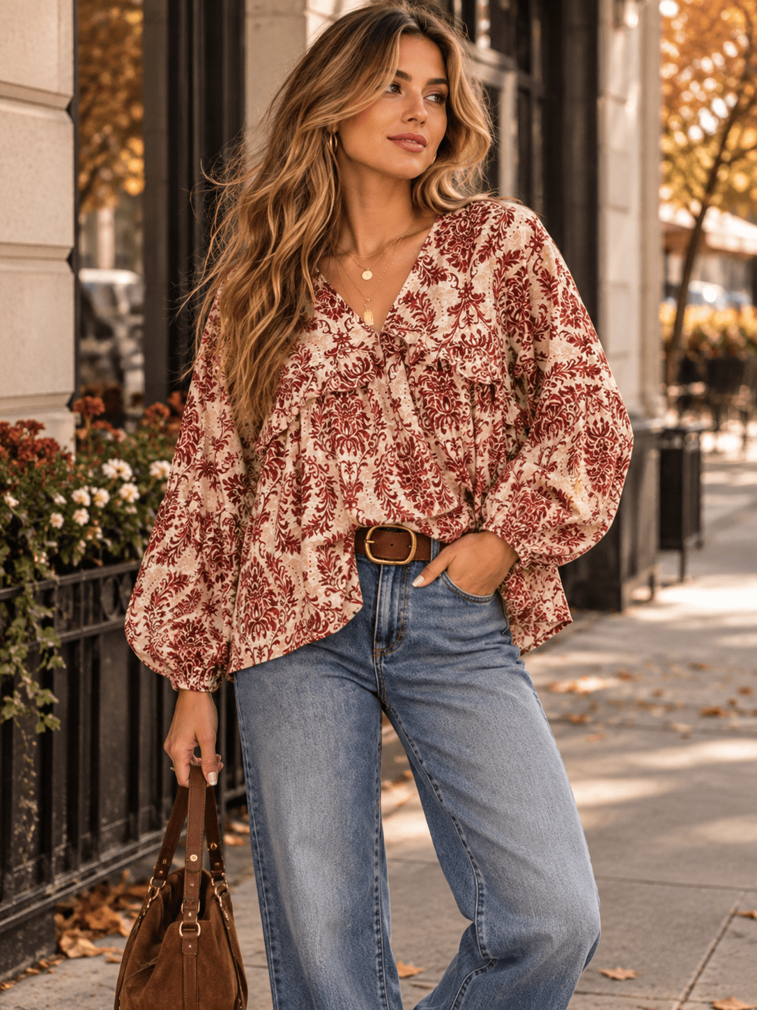 WOMEN'S LONG SLEEVE V-NECK MULTI PRINT TUNIC BLOUSE
