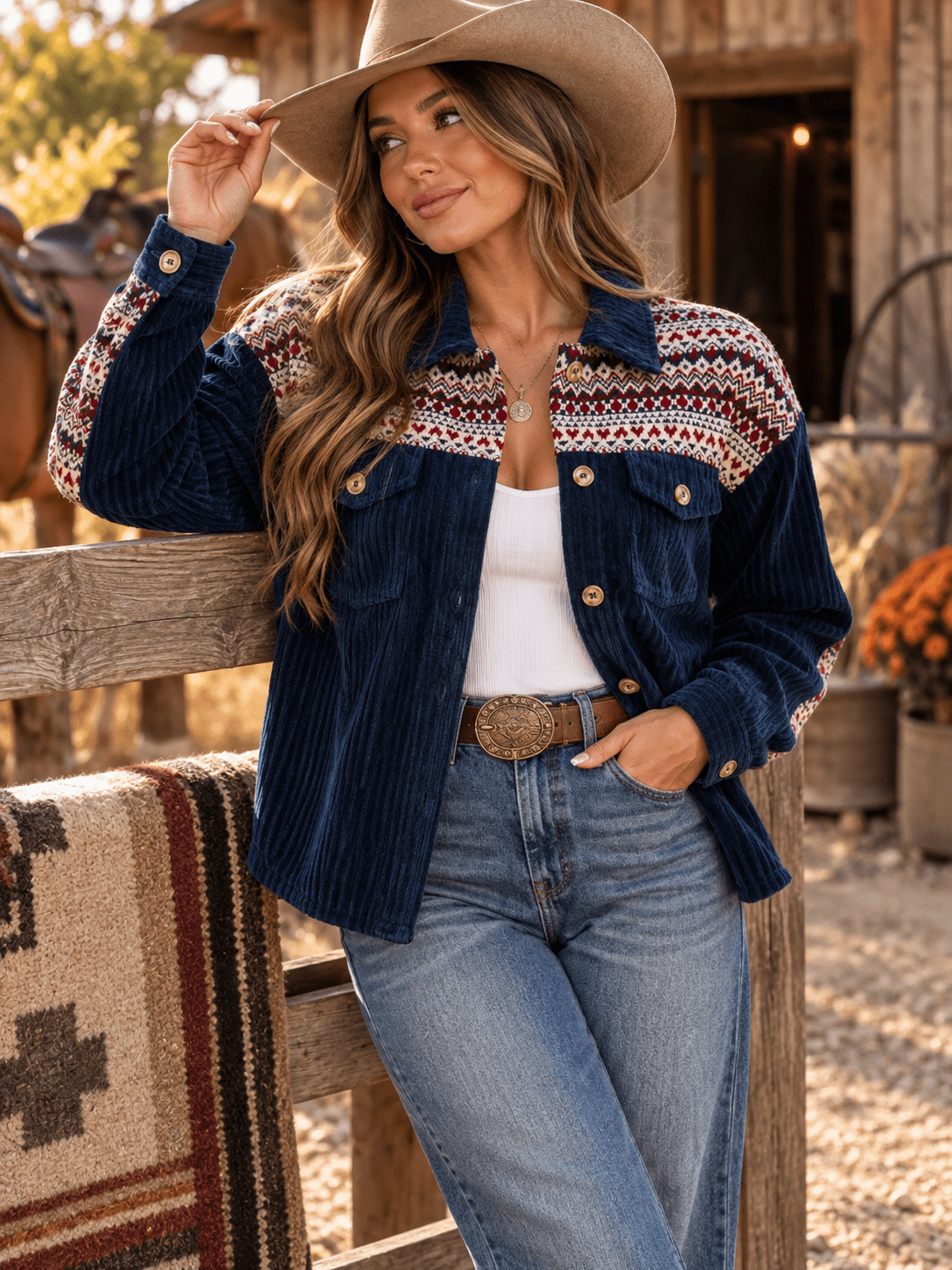 WOMEN'S LONG SLEEVE BUTTON CLOSURE FRONT POCKETS CONTRAST CORDUROY SHACKET