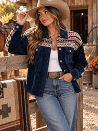 WOMEN'S LONG SLEEVE BUTTON CLOSURE FRONT POCKETS CONTRAST CORDUROY SHACKET