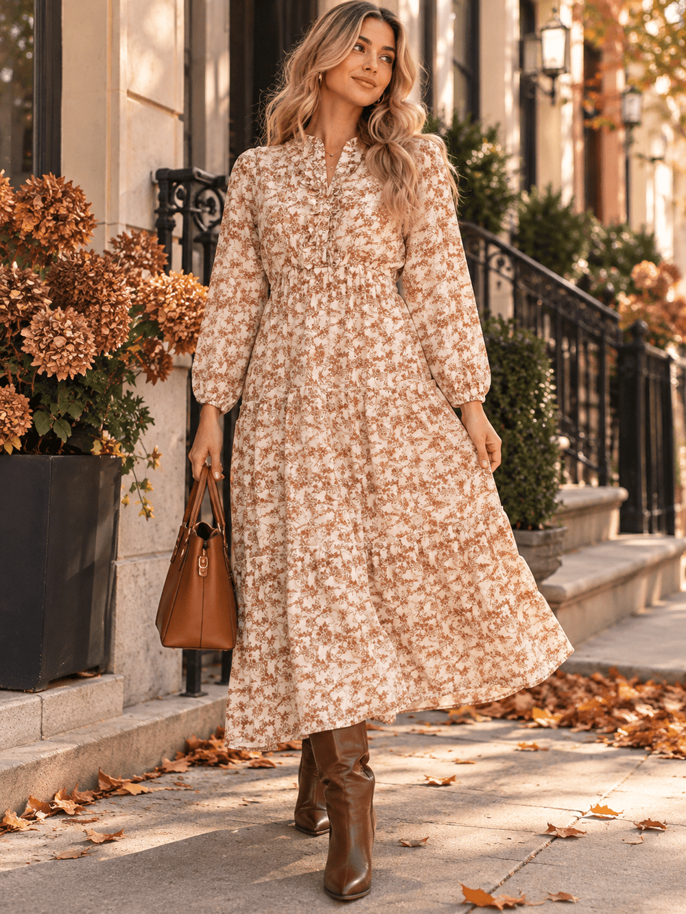 WOMEN'S LONG SLEEVE BUTTON UP ELASTIC WAIST FLORAL TIERED MAXI DRESS
