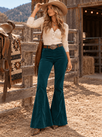 ENTRO WOMEN'S BUTTON CLOSURE BELL LEGS CORDUROY PANTS