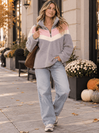 WOMEN'S LONG SLEEVE COLORBLOCK CHEVRON POCKETS PULLOVER SWEATER