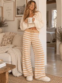 WOMEN'S ELASTIC WAIST SELF TIE COLORBLOCK WIDE LEG KNIT PANTS