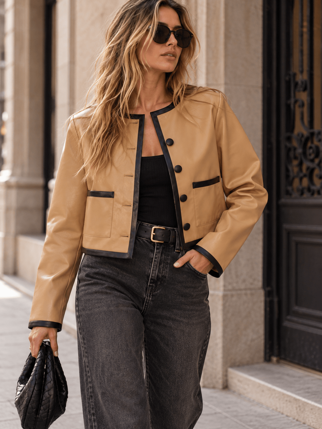 WOMEN'S LONG SLEEVE BUTTON CLOSURE FRONT POCKETS PU PLEATHER BLAZER