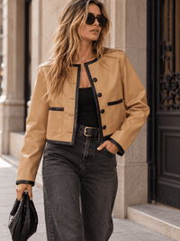 WOMEN'S LONG SLEEVE BUTTON CLOSURE FRONT POCKETS PU PLEATHER BLAZER