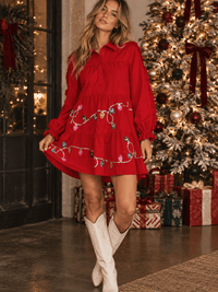 WOMEN'S LONG SLEEVE V-NECK BUTTON UP POCKETS SEQUINS HOLIDAY MINI DRESS