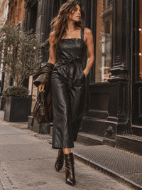 WOMEN'S SLEEVELESS PU PLEATHER SELF TIE WIDE LEG JUMPSUIT