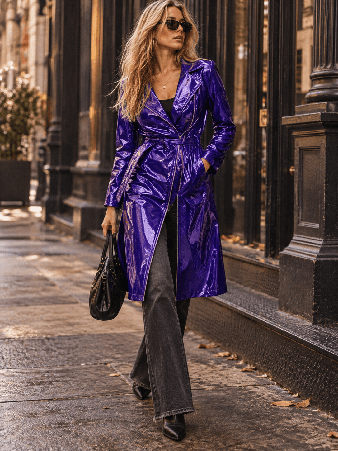 WOMEN'S LONG SLEEVE ZIPPER CLOSURE FRONT POCKETS SELF TIE PU LEATHER COAT