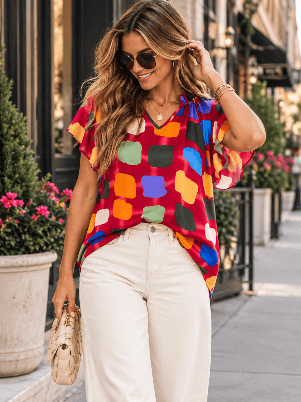 WOMEN'S SHORT SLEEVE V-NECK MULTI PRINT BLOUSE