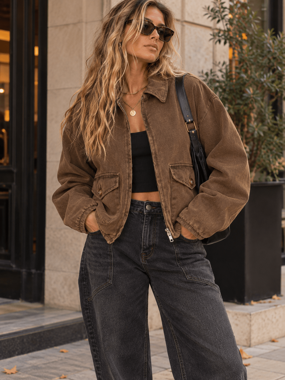 WOMEN'S LONG SLEEVE ZIPPER CLOSURE FRONT POCKETS DENIM JACKET