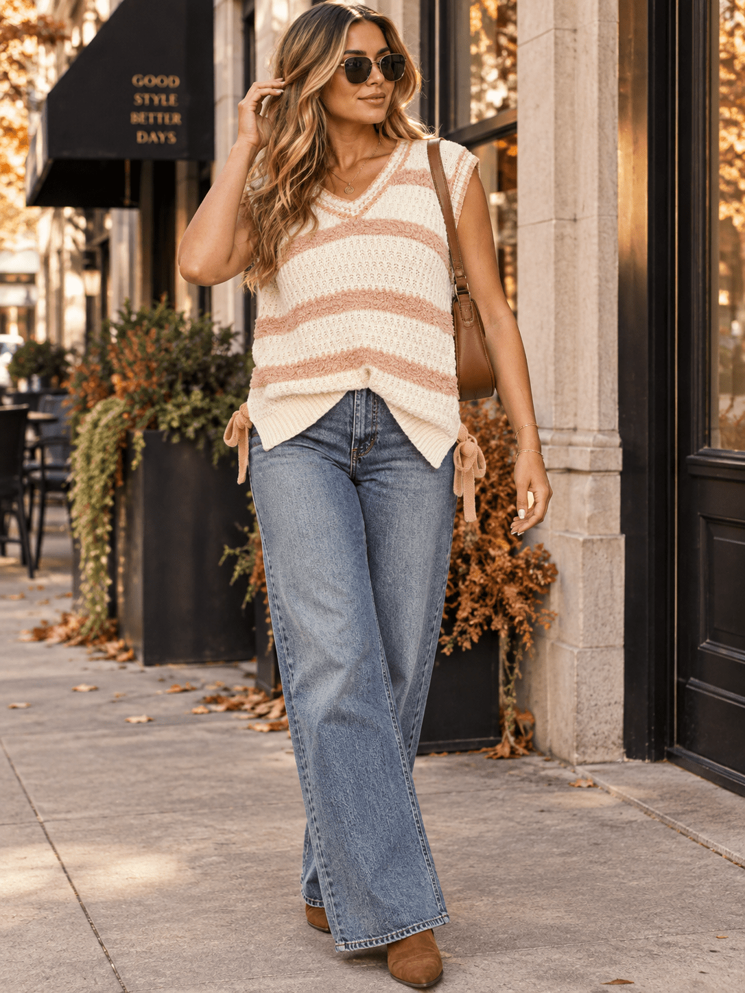 WOMEN'S SLEEVELESS V-NECK COLORBLOCK STRIPES KNIT SWEATER VEST
