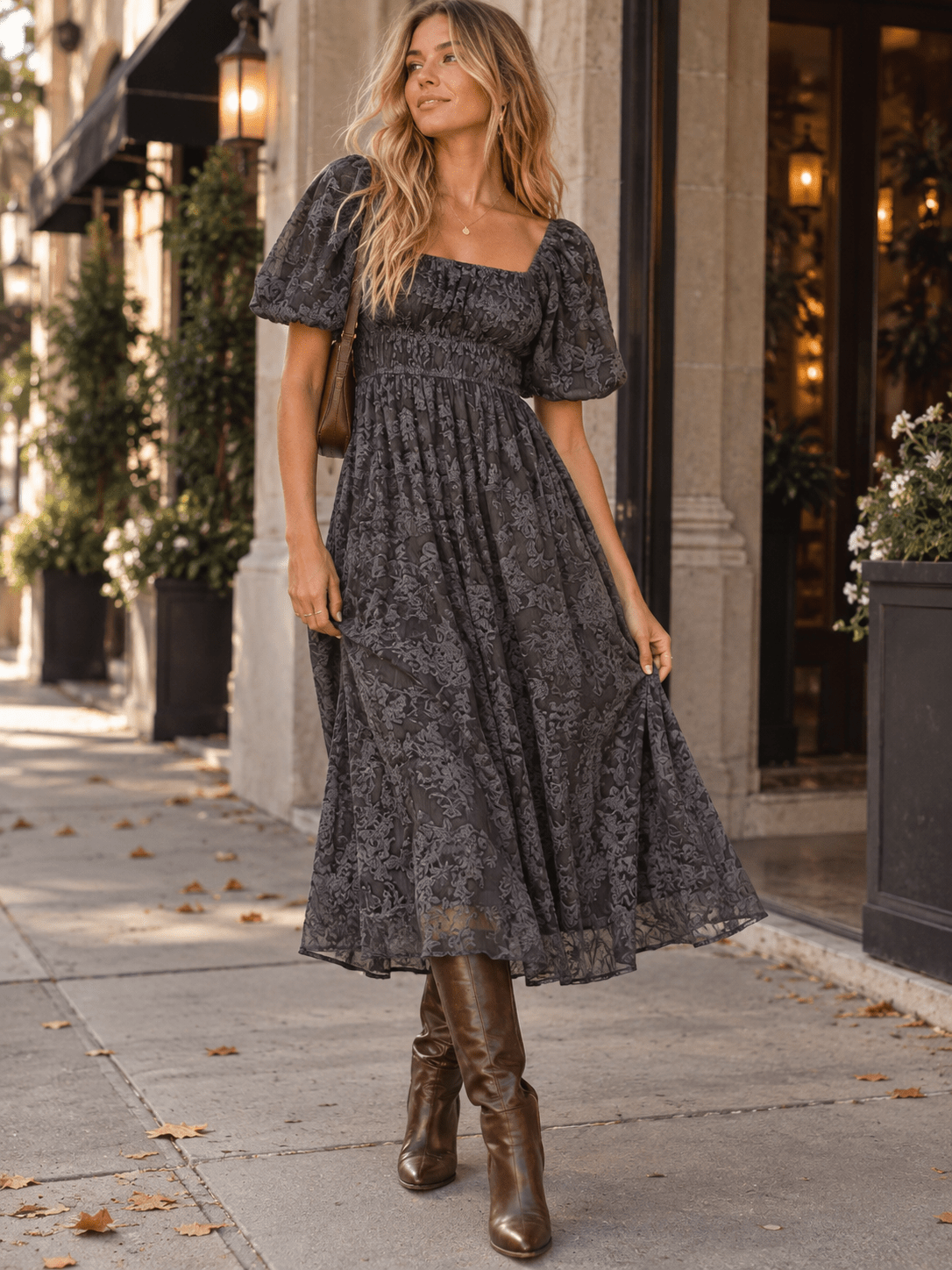 WOMEN'S SHORT PUFF SLEEVE FRONT POCKETS ELASTIC WAIST FLORAL PRINT MAXI DRESS