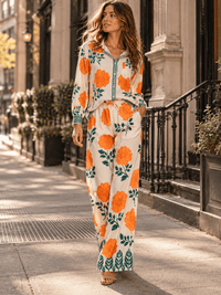 HALFHEART WOMEN'S LONG SLEEVE BUTTON UP TOP & ELASTIC WAIST WIDE LEG PANTS FLOWER PRINT 2PC. SET