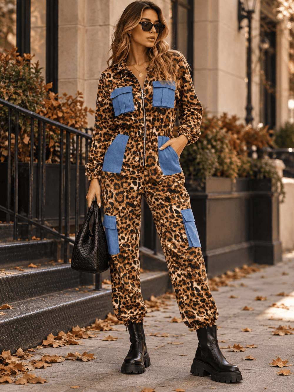 WOMEN'S LONG SLEEVE ZIP UP POCKETS ELASTIC WAIST ANIMAL PRINT JOGGER LEG JUMPSUIT