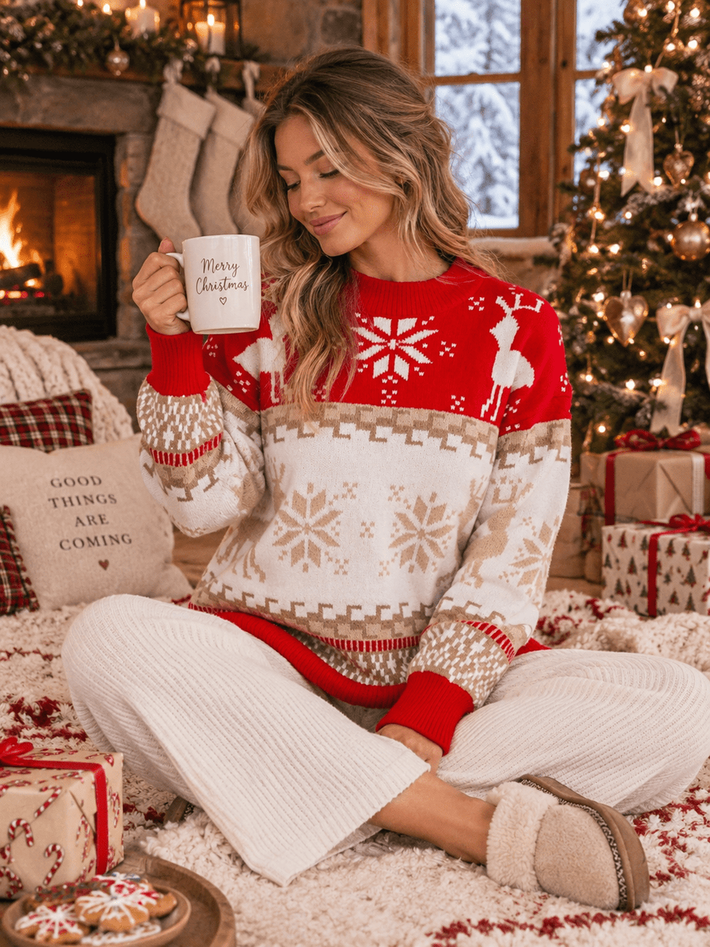 WOMEN'S LONG SLEEVE HOLIDAY PRINT PULLOVER SWEATER