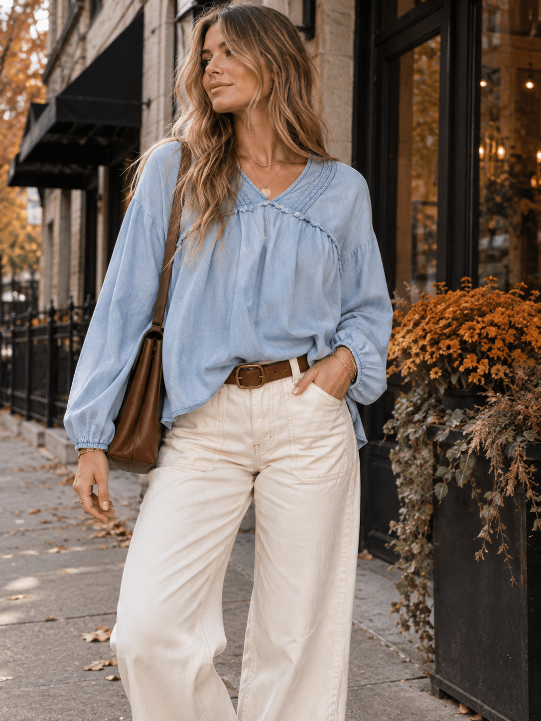 WOMEN'S LONG SLEEVE V-NECK TUNIC CHAMBRAY BLOUSE