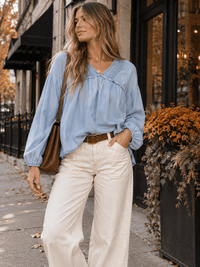 WOMEN'S LONG SLEEVE V-NECK TUNIC CHAMBRAY BLOUSE