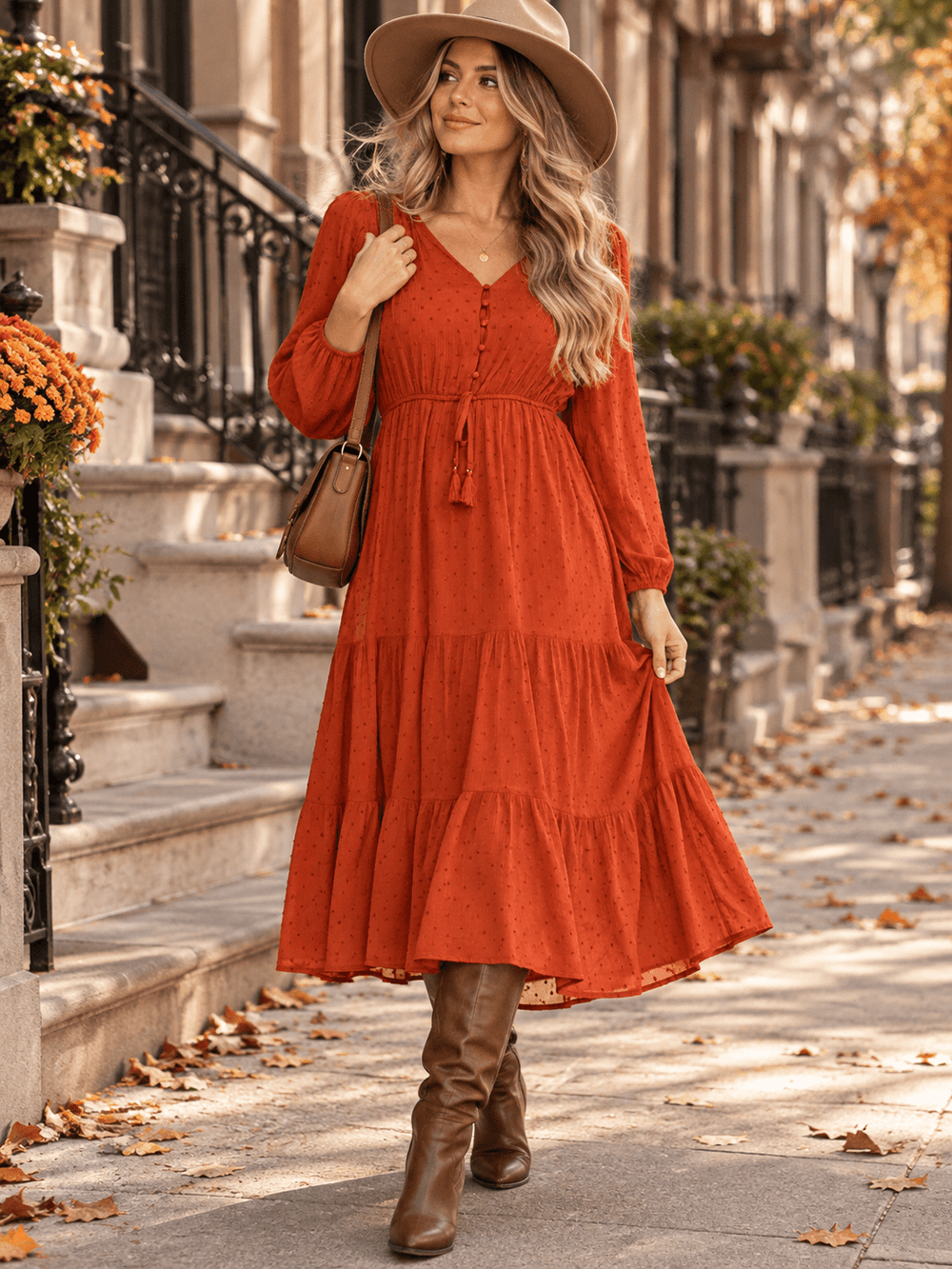 WOMEN'S 3/4 SLEEVE BUTTON UP V-NECK ELASTIC WAIST SWISS DETAILED MIDI DRESS