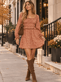 WOMEN'S LONG SLEEVE SQUARE NECK ELASTIC WAIST FLORAL MINI DRESS