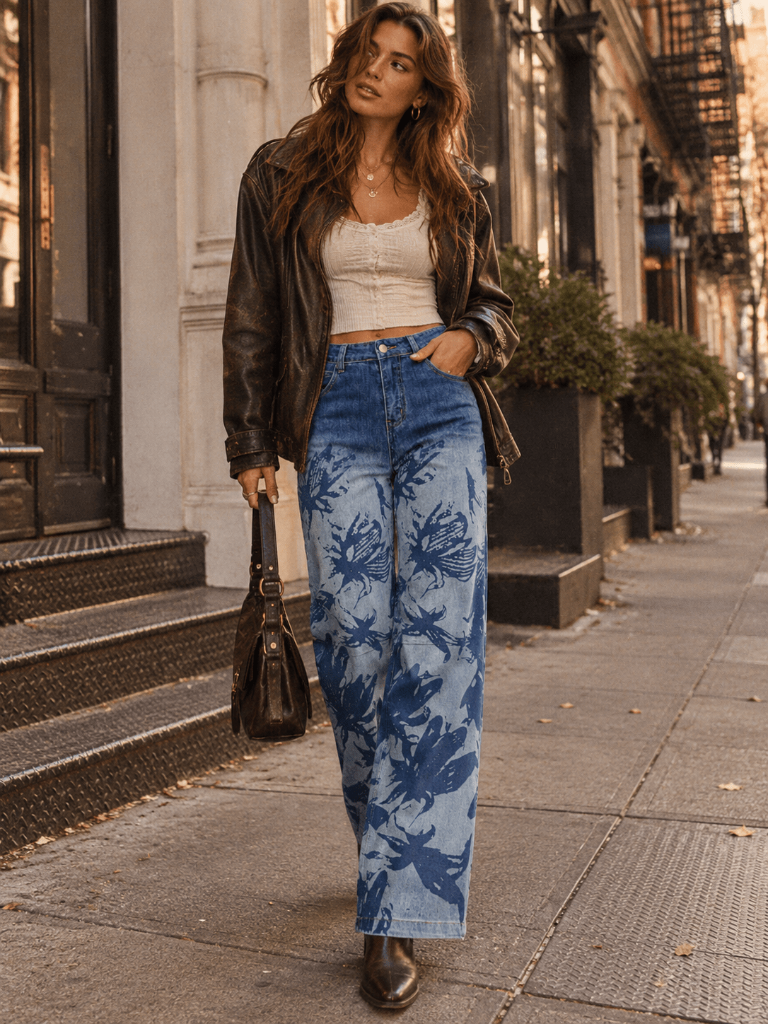 WOMEN'S BUTTON CLOSURE POCKETS WIDE LEG DENIM WASHED PRINT PANTS
